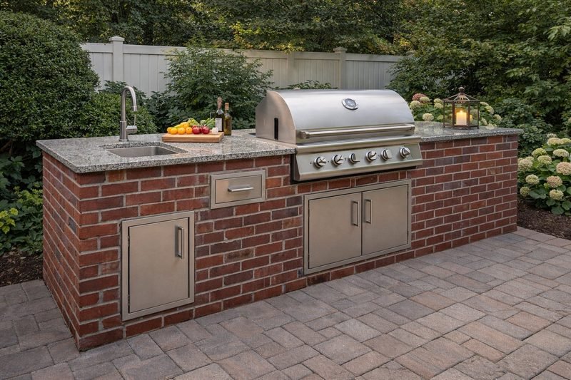 Custom outdoor brick kitchen Long Island masonry contractor